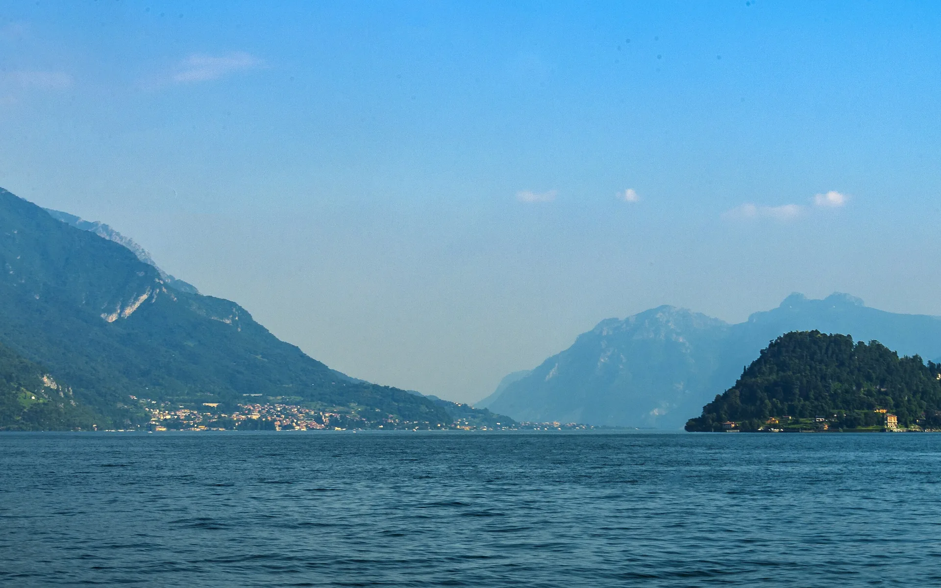 Bellagio on the forked shoreline of Lake Como, with mountains behind, Italy